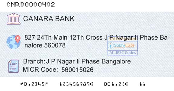 Canara Bank J P Nagar Ii Phase BangaloreBranch 