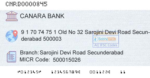 Canara Bank Sarojini Devi Road SecunderabadBranch 