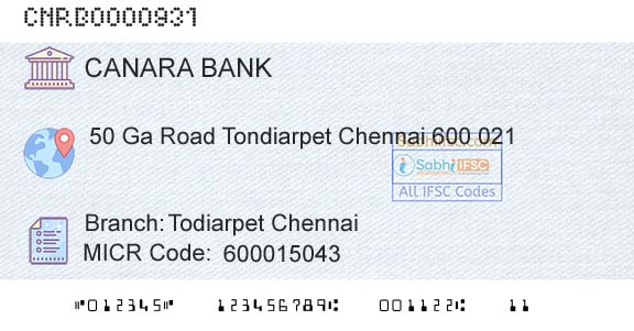 Canara Bank Todiarpet ChennaiBranch 