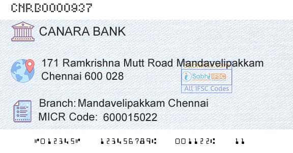 Canara Bank Mandavelipakkam ChennaiBranch 