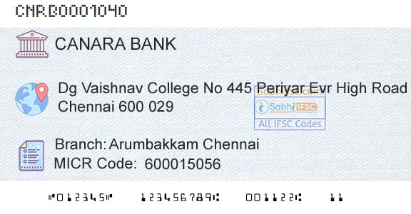 Canara Bank Arumbakkam ChennaiBranch 