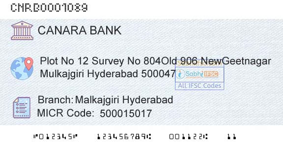 Canara Bank Malkajgiri HyderabadBranch 