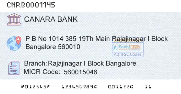 Canara Bank Rajajinagar I Block BangaloreBranch 