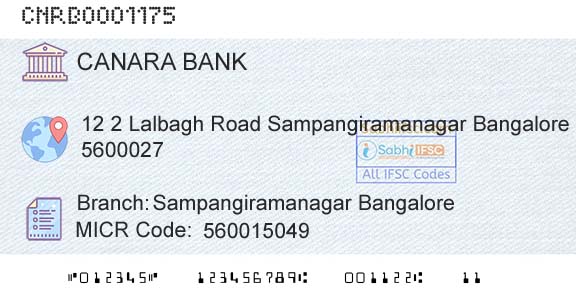 Canara Bank Sampangiramanagar BangaloreBranch 