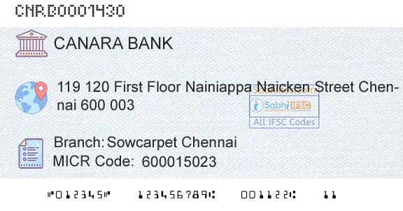 Canara Bank Sowcarpet ChennaiBranch 