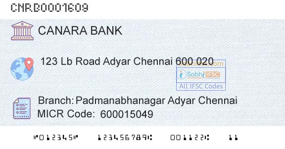 Canara Bank Padmanabhanagar Adyar ChennaiBranch 