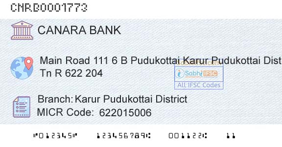 Canara Bank Karur Pudukottai District Branch 