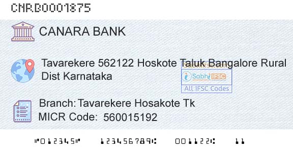 Canara Bank Tavarekere Hosakote Tk Branch 