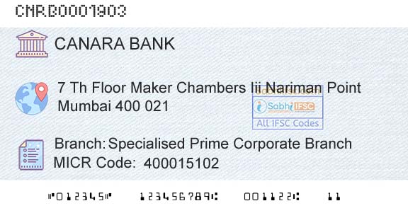 Canara Bank Specialised Prime Corporate BranchBranch 