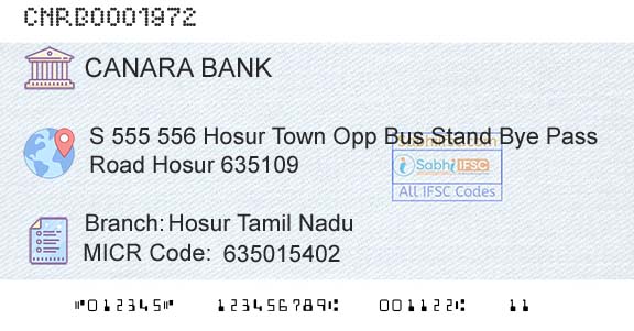 Canara Bank Hosur Tamil Nadu Branch 