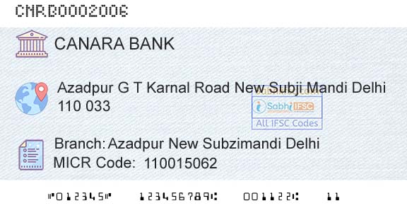 Canara Bank Azadpur New Subzimandi DelhiBranch 