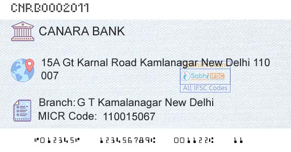 Canara Bank G T Kamalanagar New DelhiBranch 