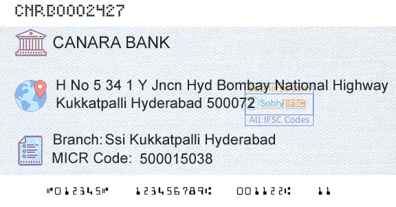 Canara Bank Ssi Kukkatpalli HyderabadBranch 
