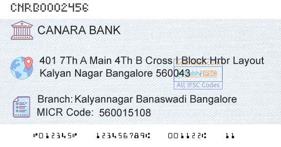 Canara Bank Kalyannagar Banaswadi BangaloreBranch 