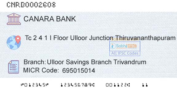 Canara Bank Ulloor Savings Branch TrivandrumBranch 