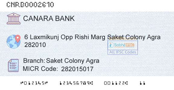 Canara Bank Saket Colony AgraBranch 