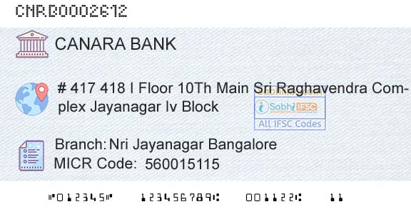 Canara Bank Nri Jayanagar BangaloreBranch 