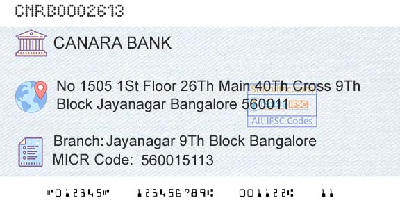 Canara Bank Jayanagar 9th Block BangaloreBranch 