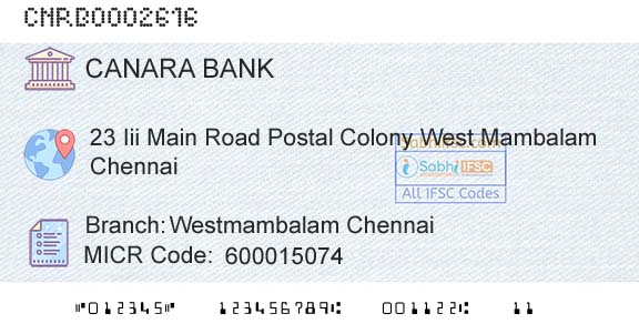 Canara Bank Westmambalam ChennaiBranch 