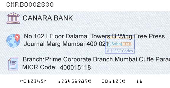 Canara Bank Prime Corporate Branch Mumbai Cuffe ParadeBranch 