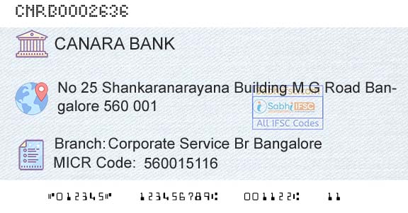 Canara Bank Corporate Service Br BangaloreBranch 
