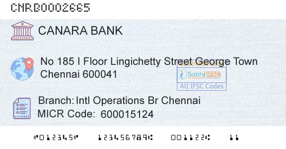 Canara Bank Intl Operations Br ChennaiBranch 