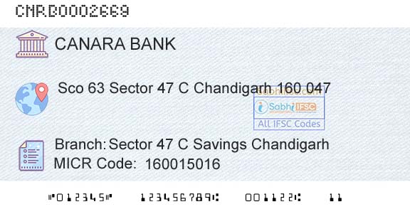 Canara Bank Sector 47 C Savings ChandigarhBranch 