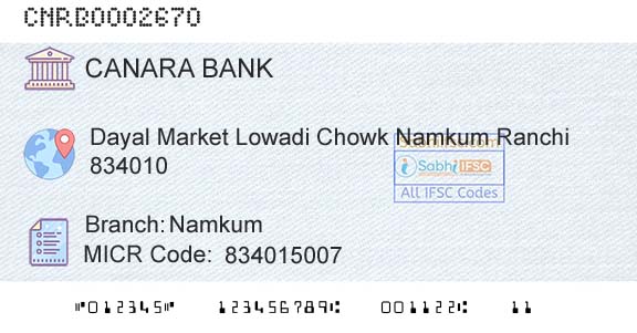 Canara Bank NamkumBranch 