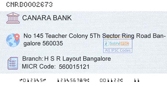 Canara Bank H S R Layout BangaloreBranch 