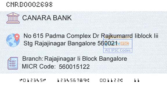 Canara Bank Rajajinagar Ii Block BangaloreBranch 