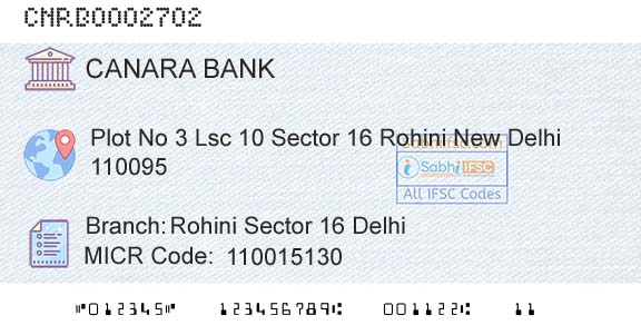 Canara Bank Rohini Sector 16 DelhiBranch 