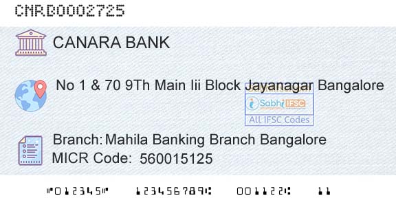 Canara Bank Mahila Banking Branch BangaloreBranch 