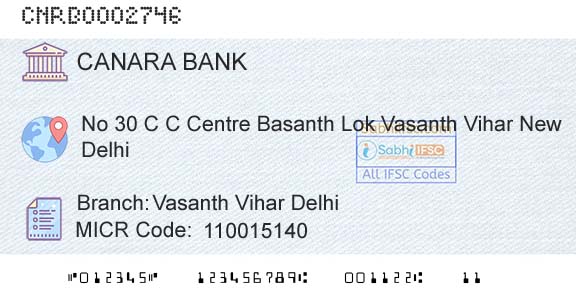 Canara Bank Vasanth Vihar DelhiBranch 