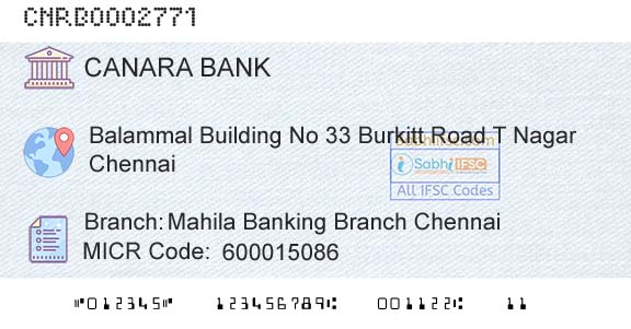 Canara Bank Mahila Banking Branch ChennaiBranch 