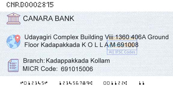 Canara Bank Kadappakkada KollamBranch 