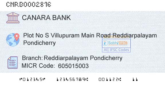 Canara Bank Reddiarpalayam PondicherryBranch 