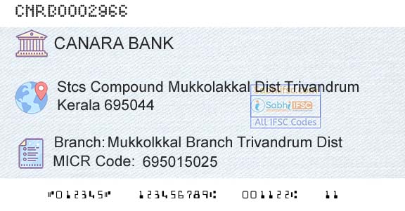 Canara Bank Mukkolkkal Branch Trivandrum Dist Branch 