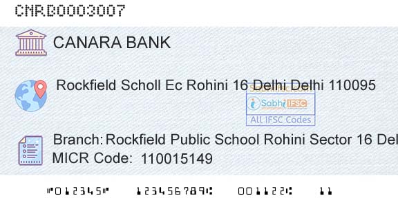 Canara Bank Rockfield Public School Rohini Sector 16 DelhiBranch 