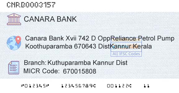 Canara Bank Kuthuparamba Kannur Dist Branch 