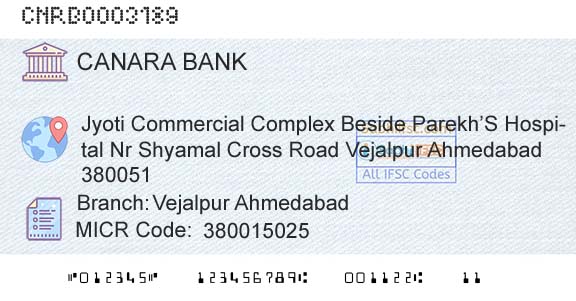 Canara Bank Vejalpur AhmedabadBranch 