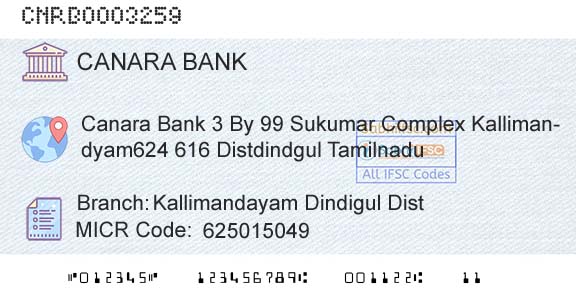 Canara Bank Kallimandayam Dindigul Dist Branch 