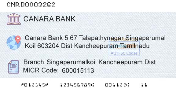 Canara Bank Singaperumalkoil Kancheepuram DistBranch 