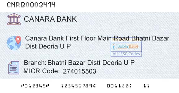 Canara Bank Bhatni Bazar Distt Deoria U P Branch 