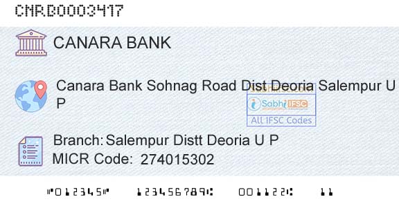 Canara Bank Salempur Distt Deoria U P Branch 