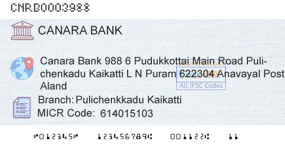Canara Bank Pulichenkkadu KaikattiBranch 