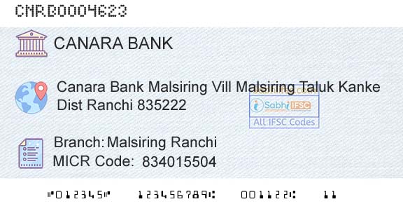 Canara Bank Malsiring RanchiBranch 