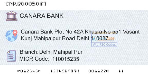 Canara Bank Delhi Mahipal PurBranch 