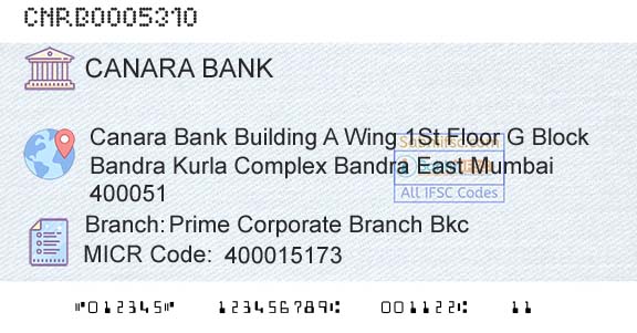 Canara Bank Prime Corporate Branch BkcBranch 