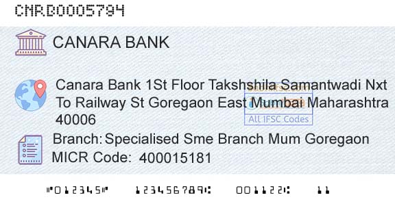 Canara Bank Specialised Sme Branch Mum GoregaonBranch 