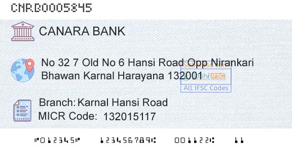 Canara Bank Karnal Hansi RoadBranch 